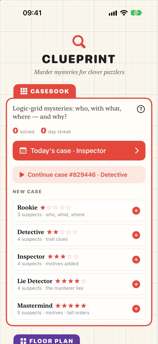 The home screen: today's cases and every difficulty