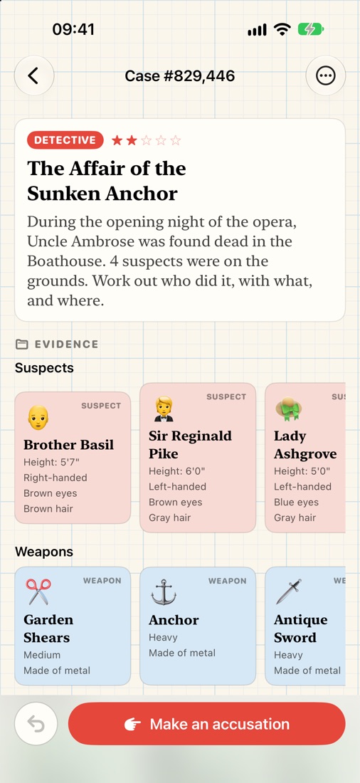 A Casebook case: the story and the evidence cards